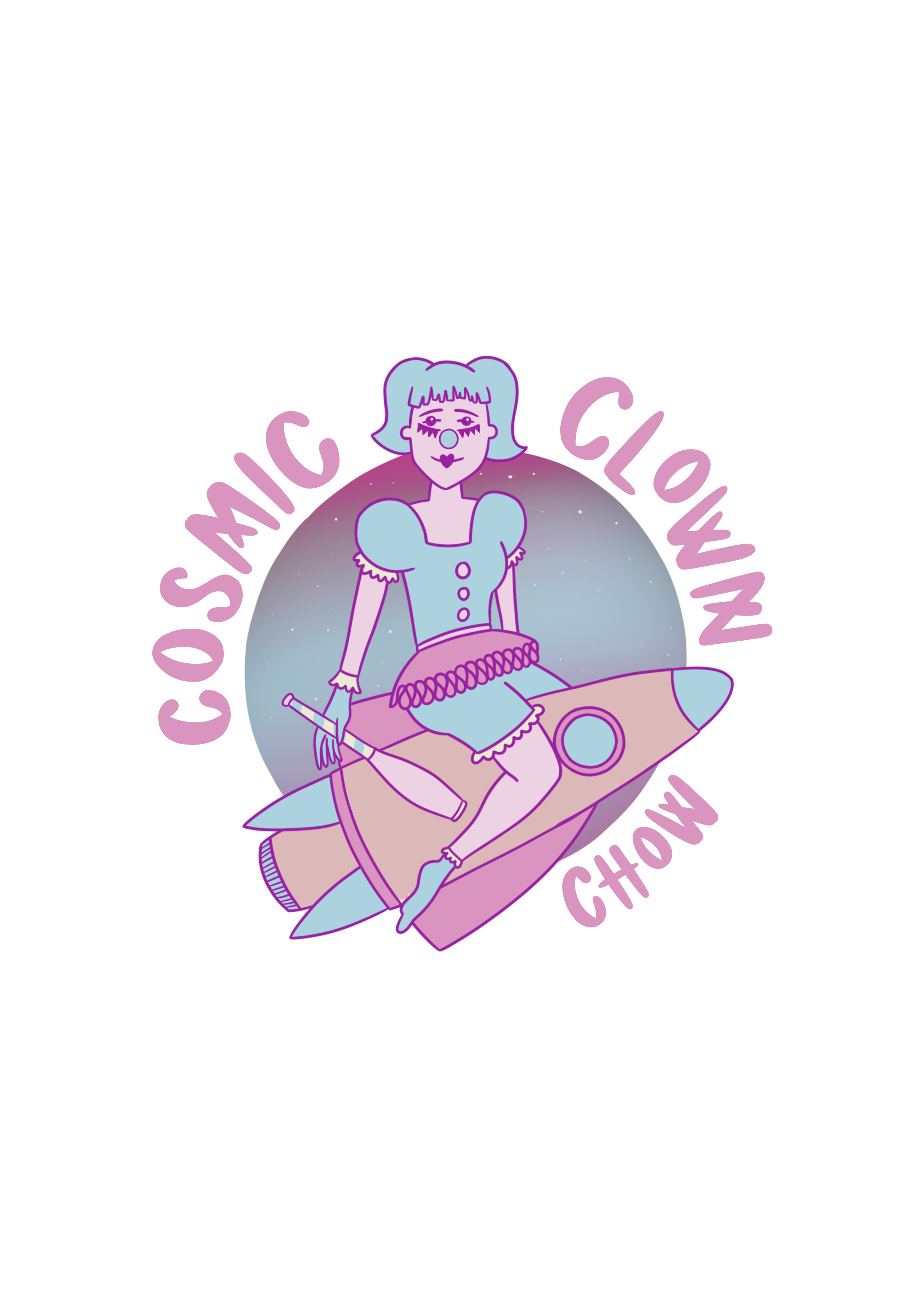 Chow the Cosmic Clown riding a pink rocket